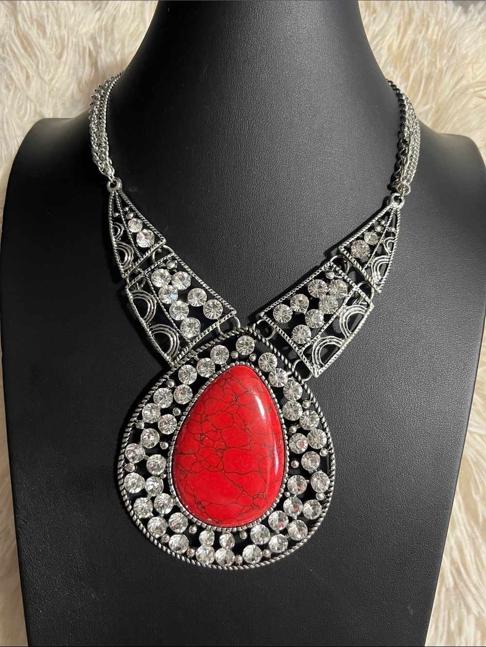 Statement Red Teardrop Pendant Necklace - Silver Tone